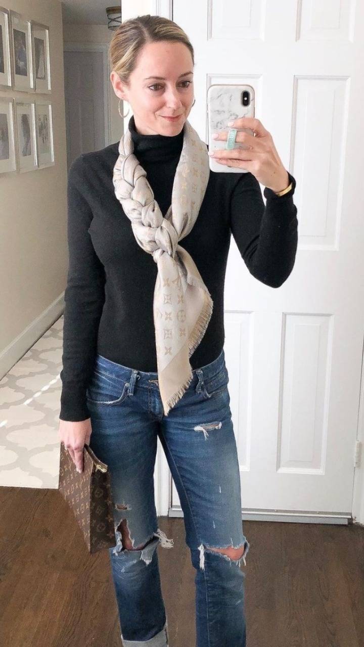 grey louis vuitton scarf outfit