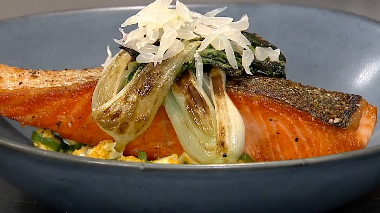 Watch How to make Salmon with Taiyouran Egg Sauce Gribiche Times Food