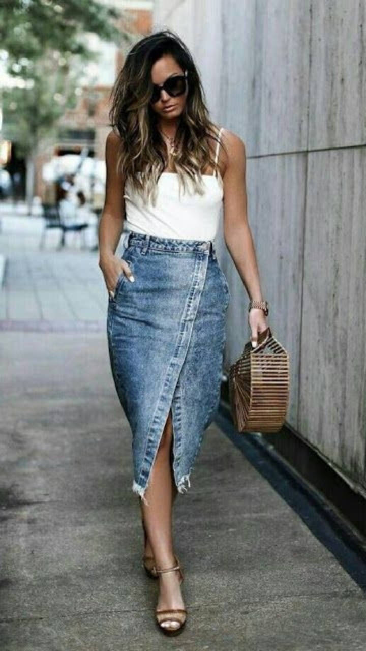 denim skirt with top