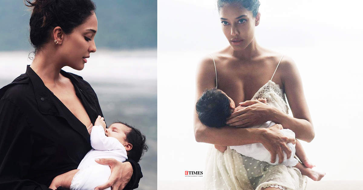 Stunning pictures of Lisa Haydon in an ivory short dress breastfeeding her baby girl Lara