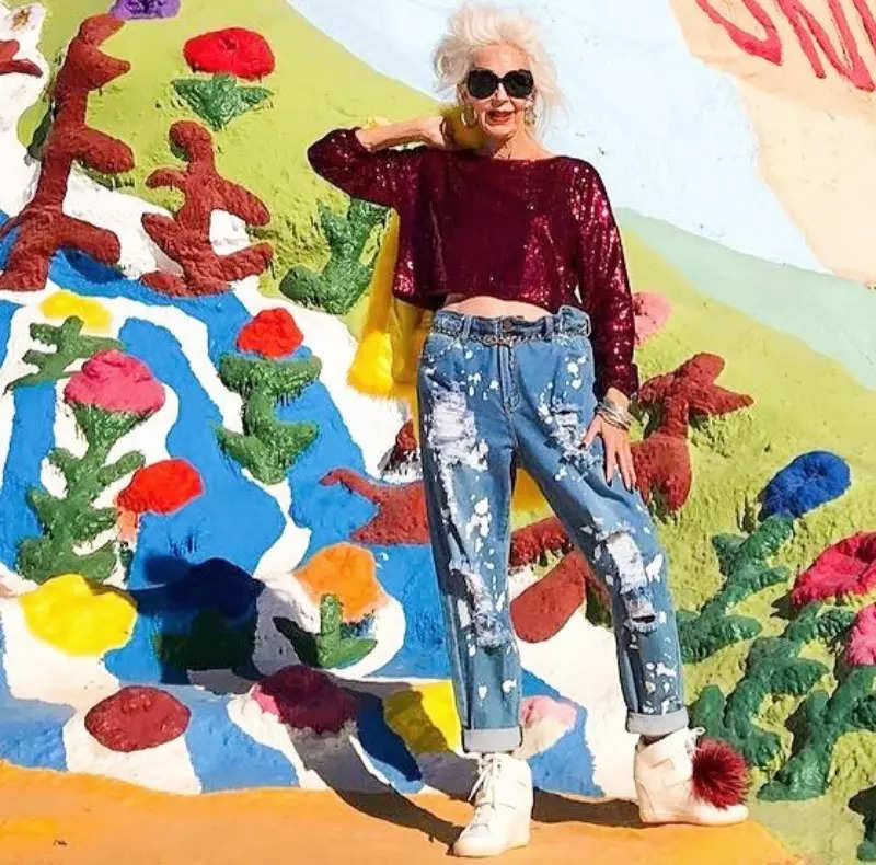 , the 72-year-old model proves that fashion and fun don't end with age! See photos that capture her energetic flair