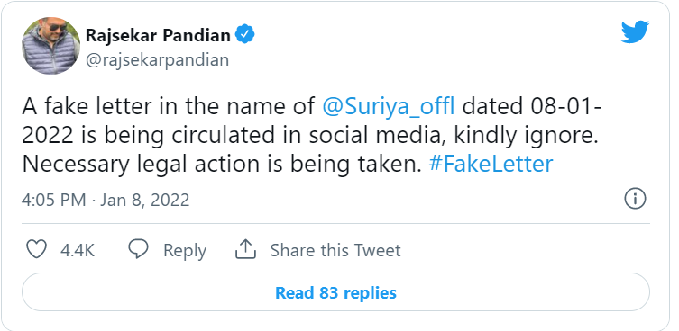 Rajsekar Pandian's tweet