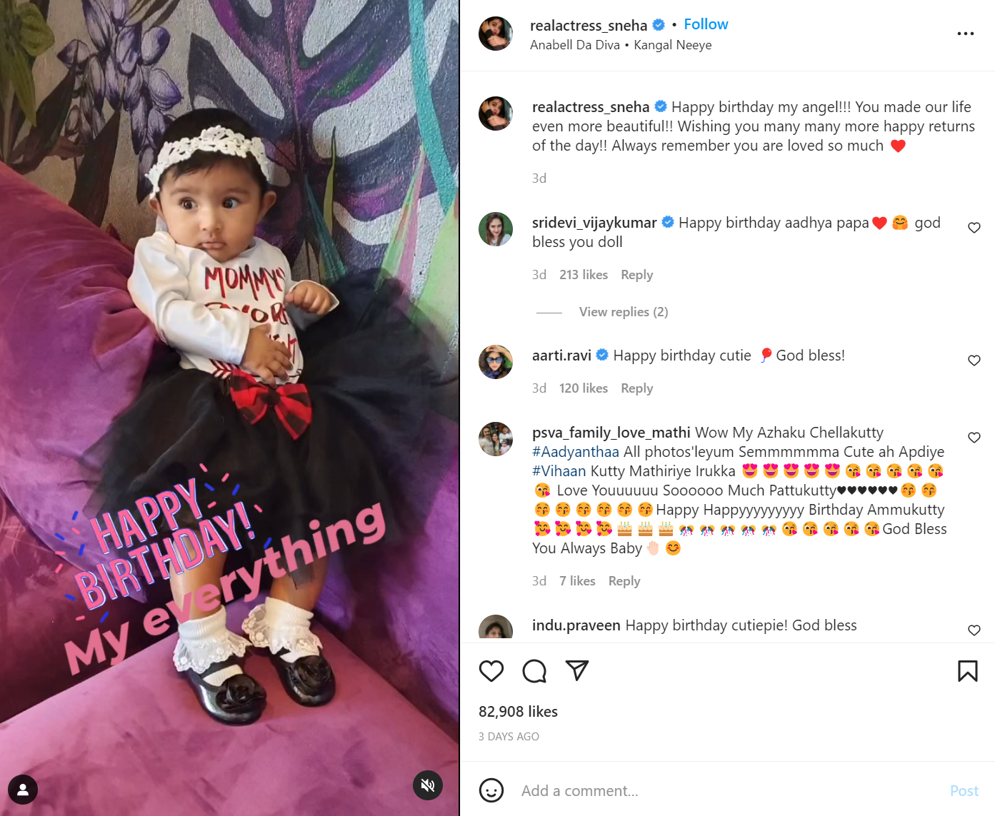 Sneha wished her daughter Aadyanthaa on her 2nd birthday