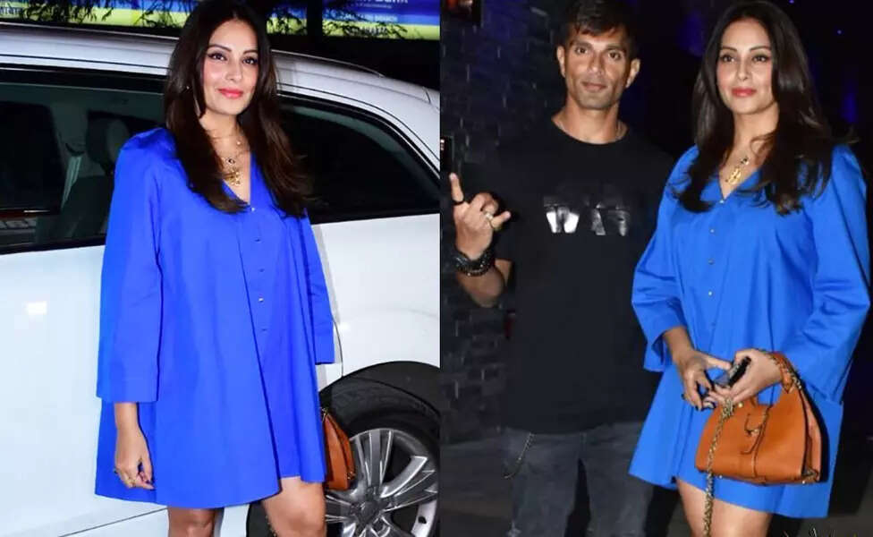 New pictures of Bipasha Basu in an oversized blue shirt dress from her dinner date with Karan Singh Grover spark pregnancy rumours