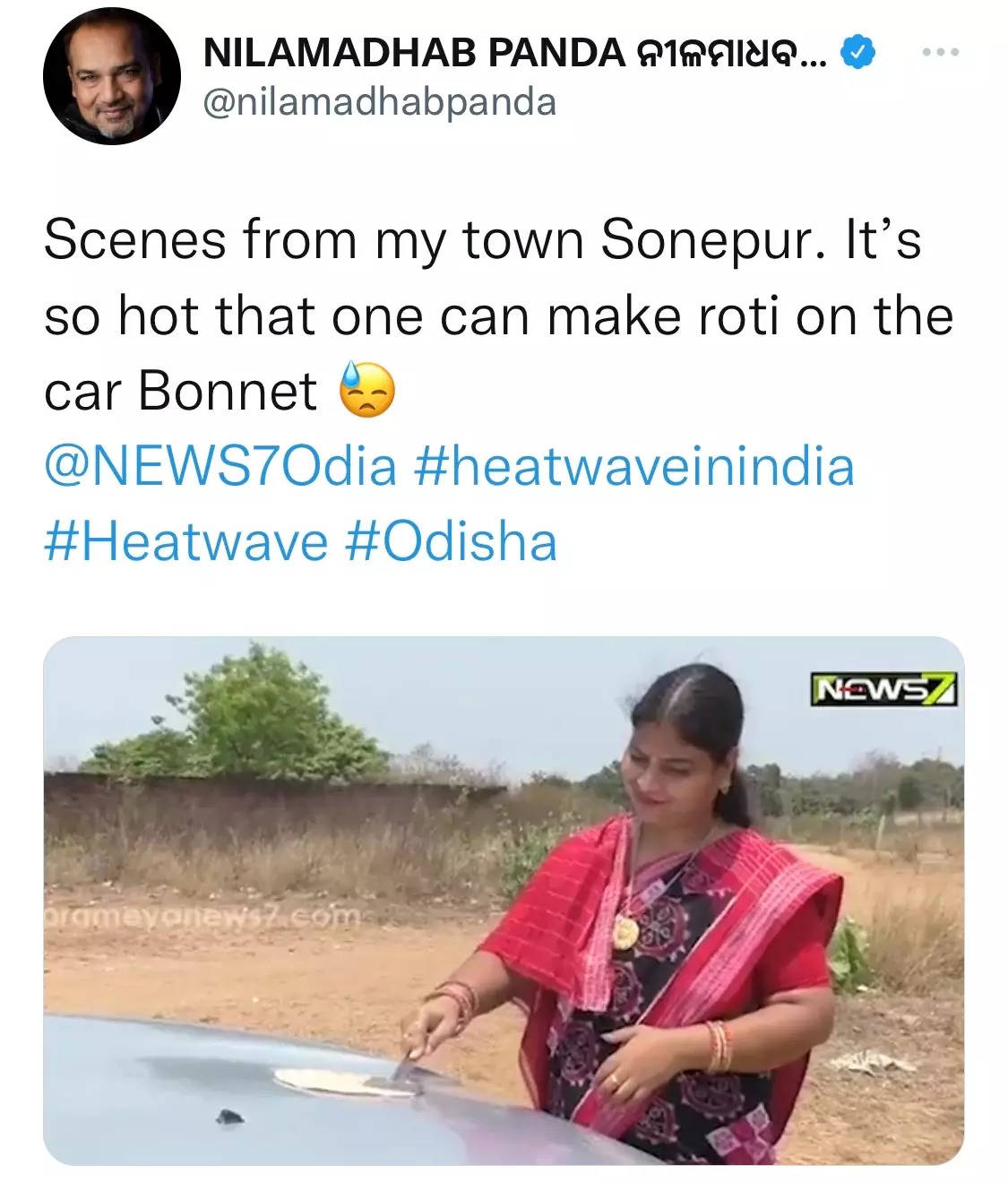 Filmmaker Nilamadhab Panda shared a tweet recently, showing a woman cooking roti on a car's bonnet in Odisha because of extreme heat