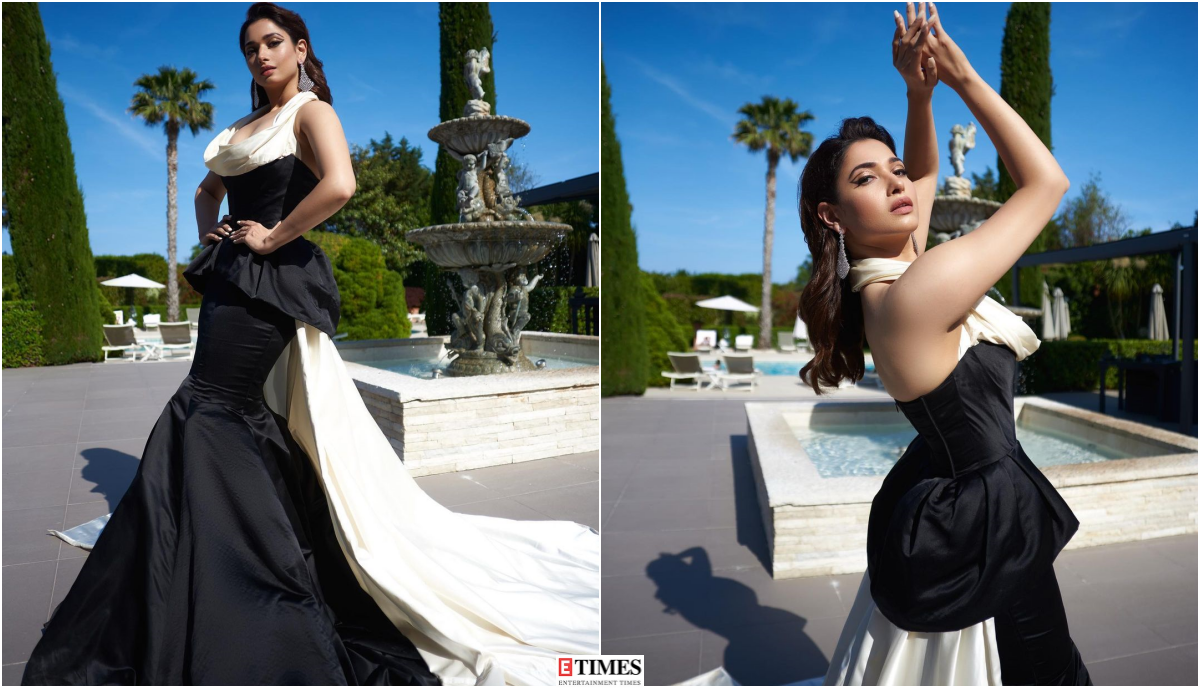Cannes 2022: Tamannaah Bhatia makes a statement in dramatic black and white ball gown for red carpet, see pictures