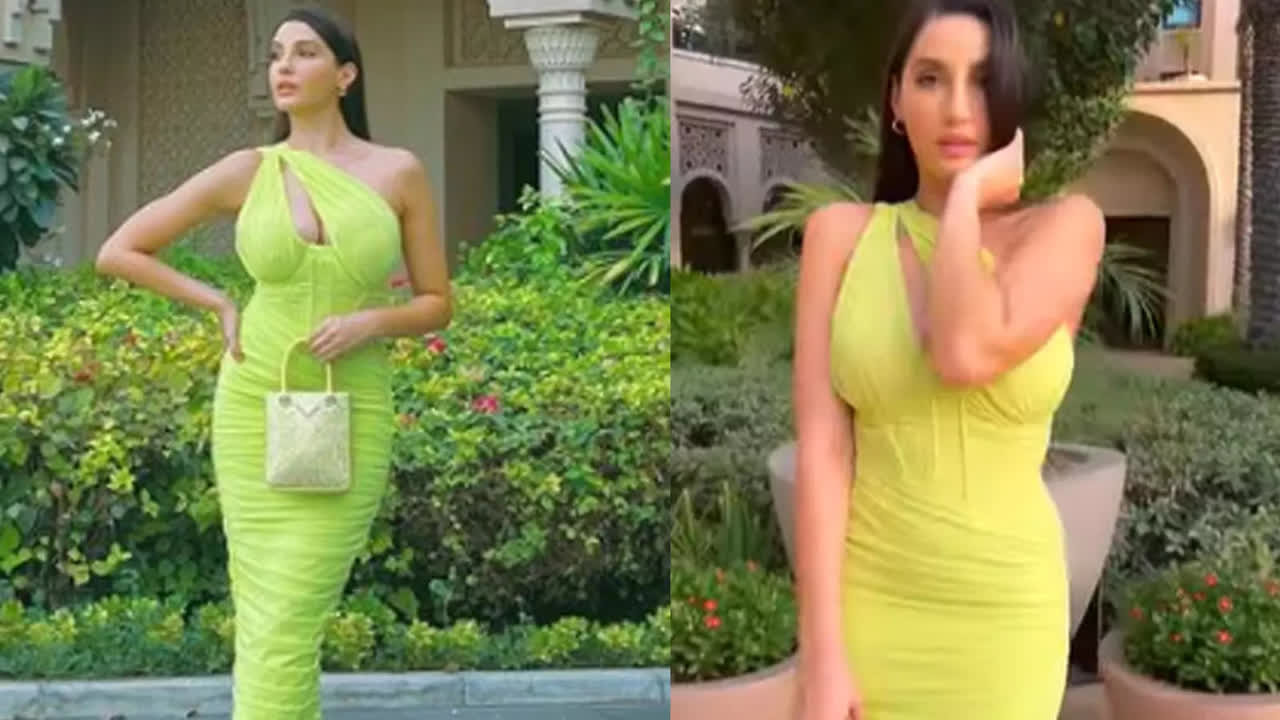 Nora Fatehi flaunts her hourglass figure in neon green bodycon dress ...