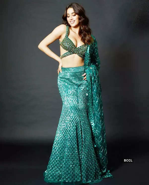 Janhvi Kapoor in sparkling blouse with mermaid lehenga sets fashion goals for Diwali celebrations; see pics