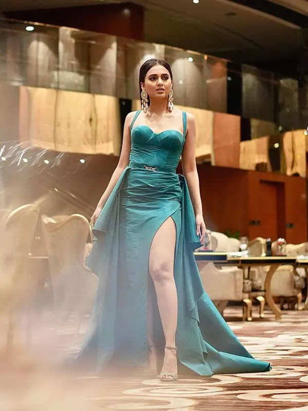Tejasswi Prakash brings drama to the frame in a teal thigh-high slit gown, see pictures