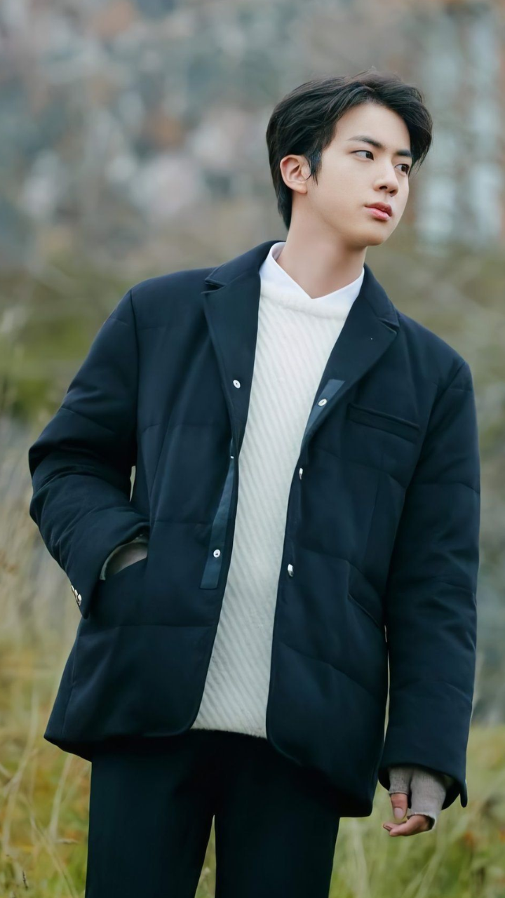 BTS Jin-Inspired Blue Round Neck Sweater With Lines on sleeve