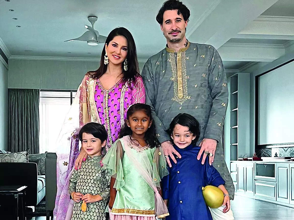 Sunny and (inset) with husband Daniel Weber and children Asher, Nisha and Noah