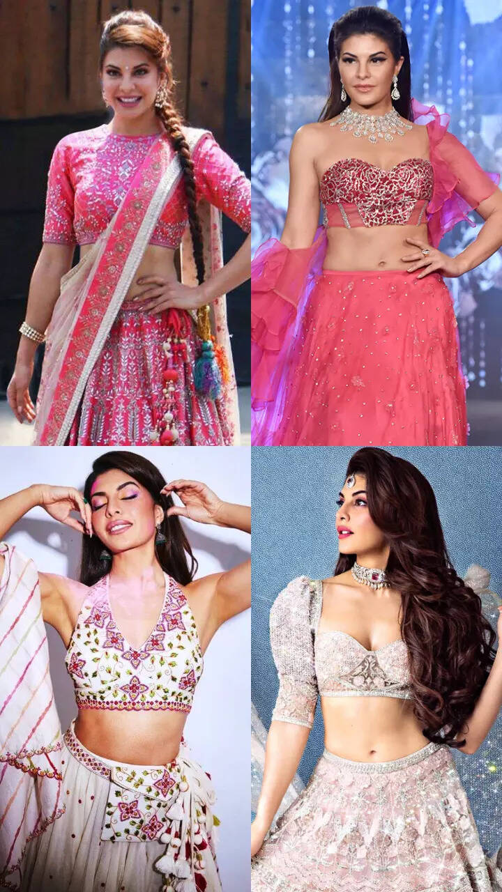 Jacqueline fernandez on sale in pink lehenga