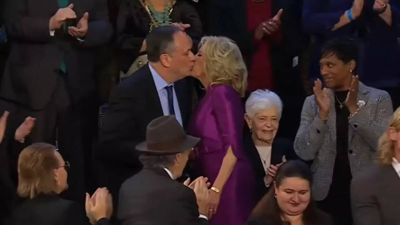 &lsquo;Covid is really over&rsquo;: Netizens go berserk over Jill Biden kissing Kamala Harris' husband on lips