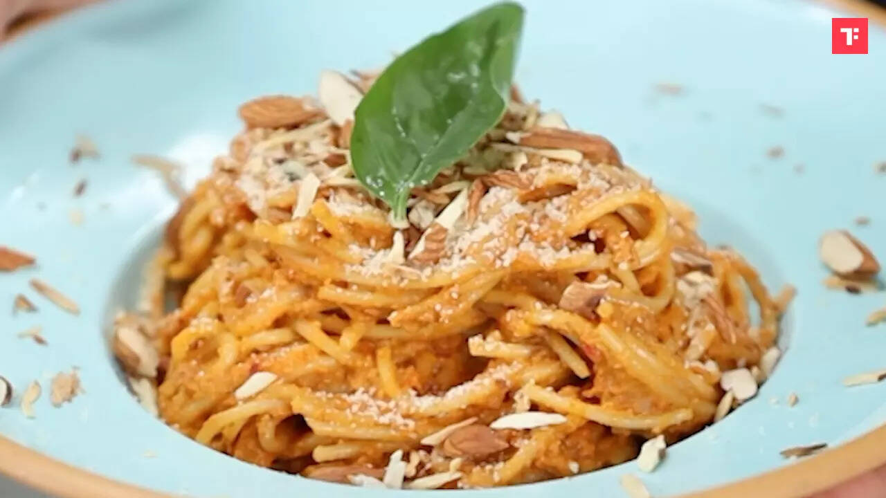 Watch: How to make Spaghetti Romesco with Roasted Almonds - Times Food