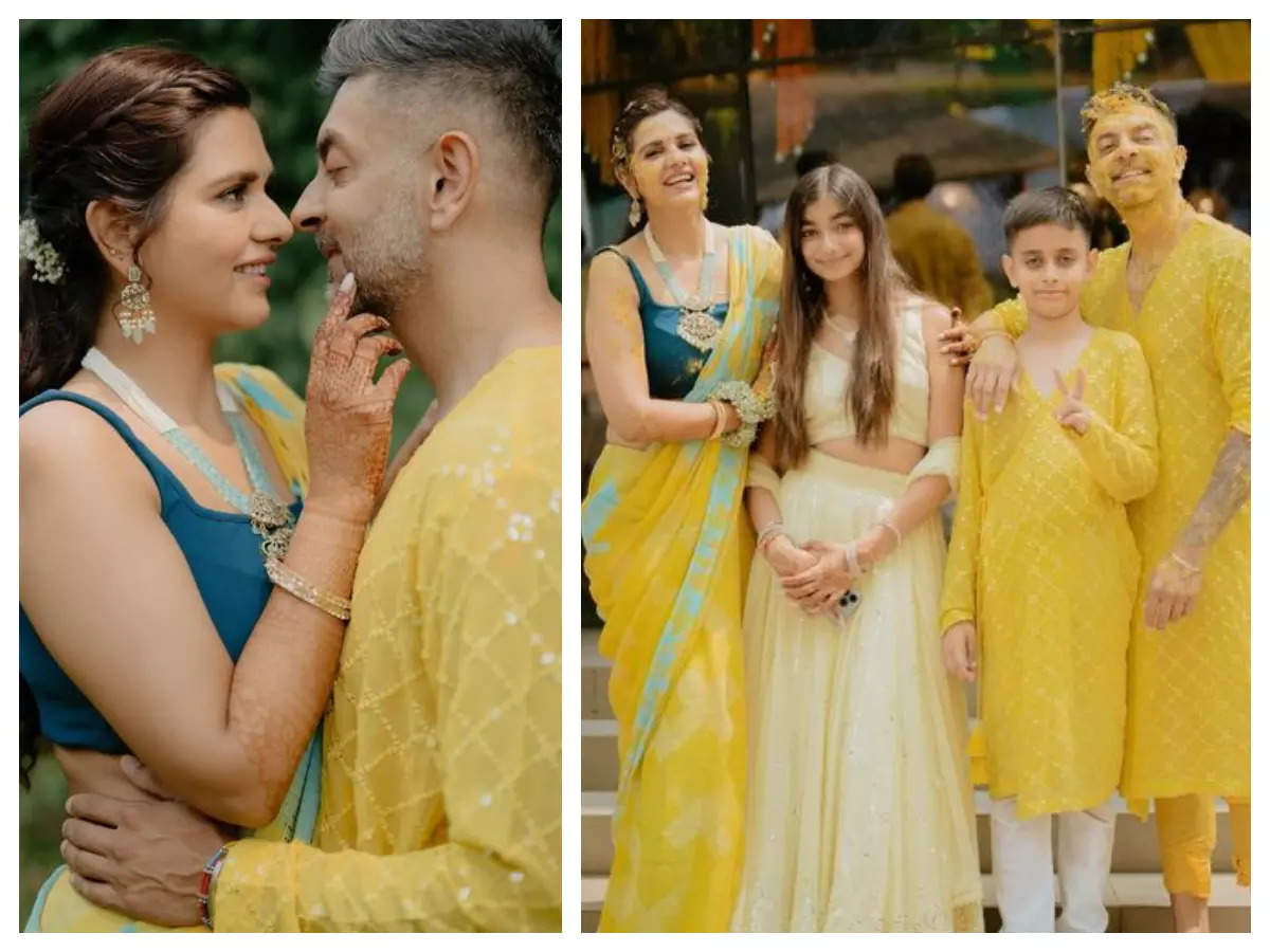 Dalljiet Kaur and fiancé Nikhil Patel twin in yellow at their ...
