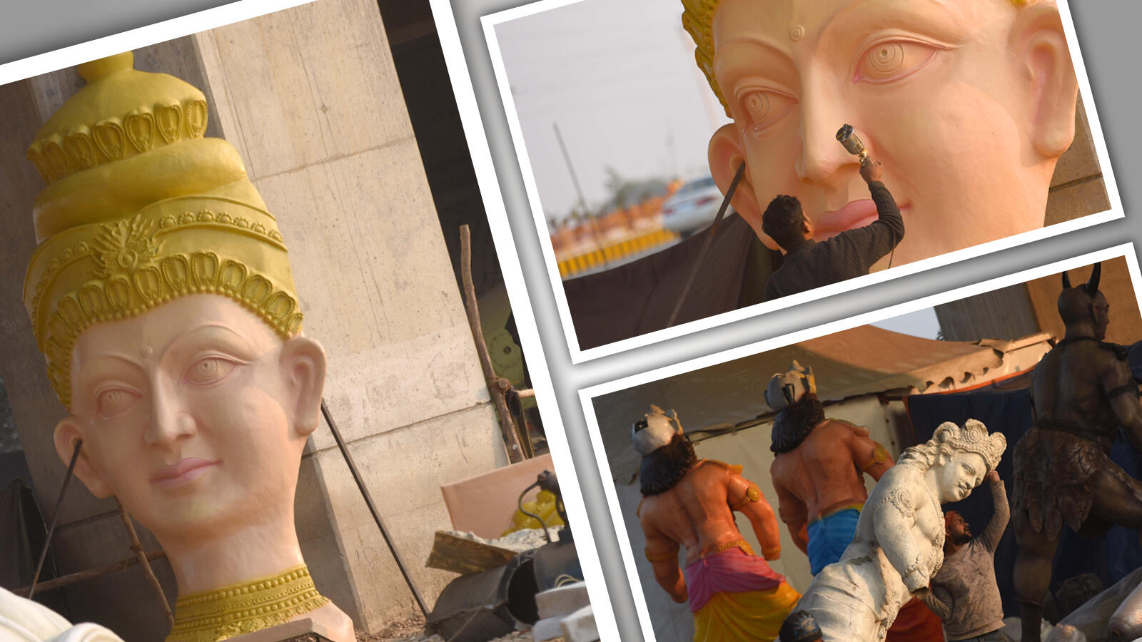 Sculpted figures being put up to create a mythological theme for Kumbh