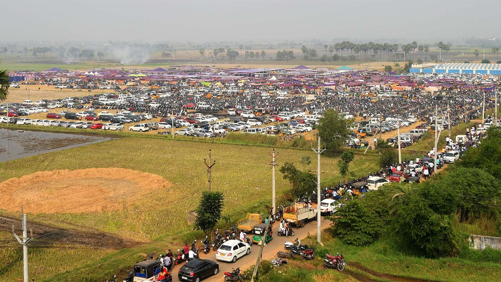 Thousands gather at makeshift arenas in Edupugallu village on the outskirts of Vijayawada to witness the cockfights