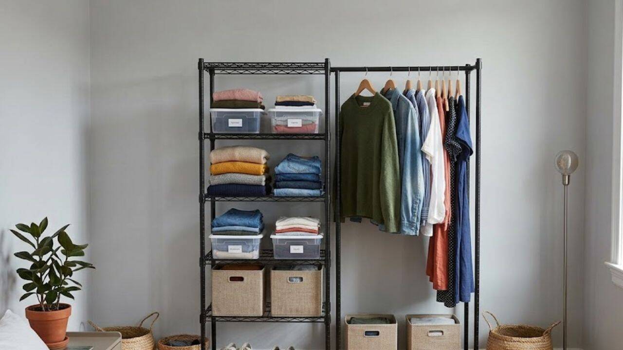 Use a clothes rail with storage shelves<br>