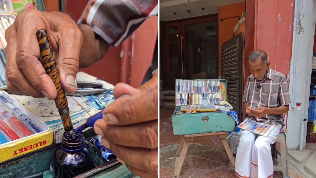 The pen repairman works near the East Gate of Madurai’s Meenakshi Amman Temple.<br>