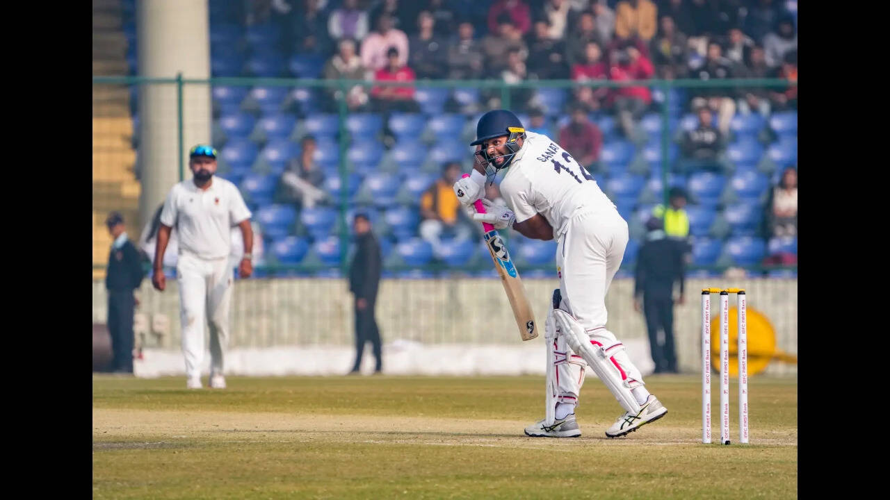 Delhi's Sanat Sangwan plays a shot on the second day of a Ranji Troph.y