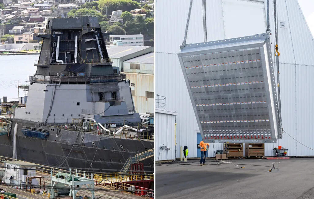 A close-up look at the main superstructure and integrated mast on the first ASEV under construction in Nagasaki, at left, and a stock picture of an AN/SPY-7(V)1 array at right. (Sakai/@kensakai9310)