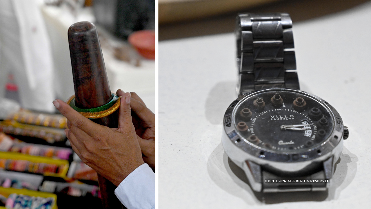 Lac bangles demonstration (L), a customised watch with clay pots (R )