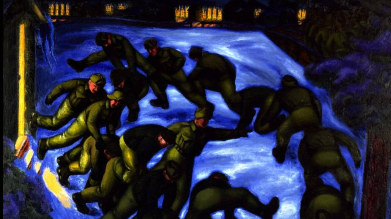 Hughes' wartime work included detailed drawings and paintings of military life