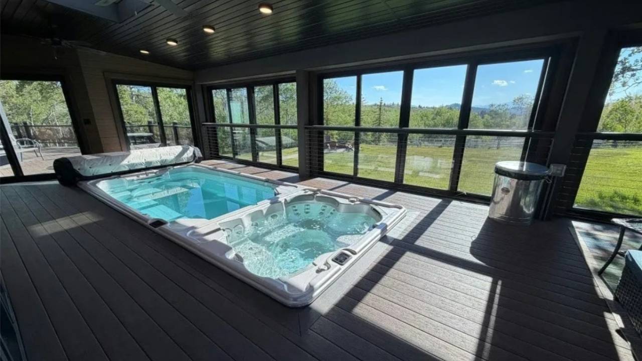The sprawling Montana lodge features a luxurious indoor pool and spa.