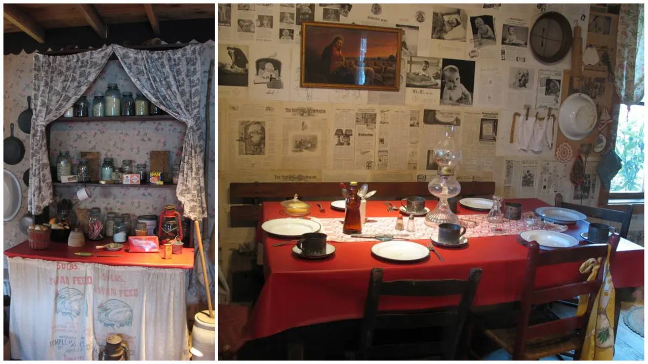 Dolly Parton’s humble childhood kitchen featured floral wallpaper, cast-iron skillets and a gas lamp.