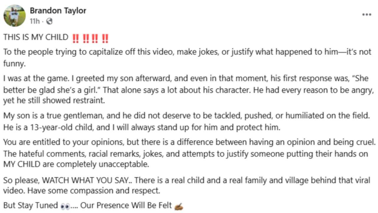 The father of the player who was tackled by Addison also spoke out in an FB post.