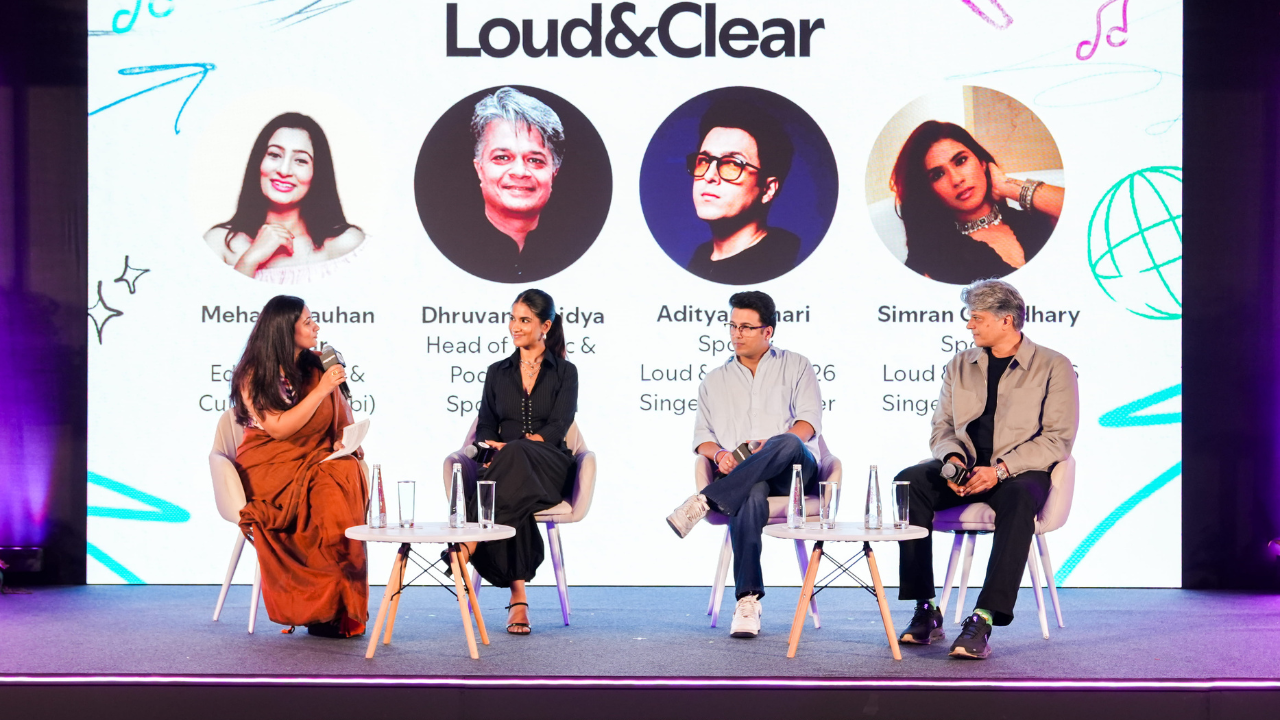 L to R - Mehak Chauhan Bhullar  (Spotify - Editor, Punjabi), Simran Choudhary , Aditya Rikhari, Dhruvank Vaidya (Head of Music &amp; Podcast, Spotify India)