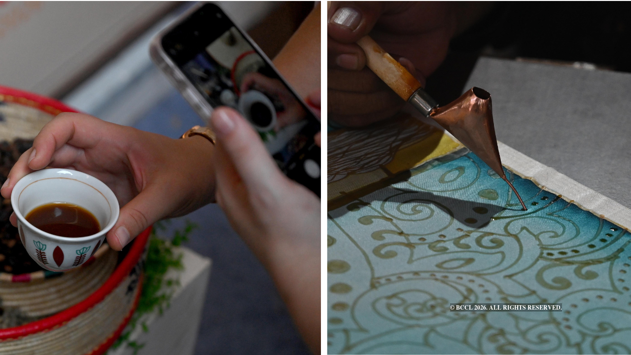 Ethiopian coffee served live at the country's stall (L), Malaysian batik art (R )