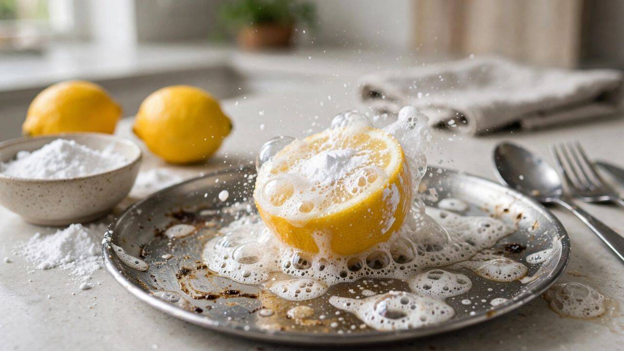 Combine lemon and baking soda for stubborn stains<br>