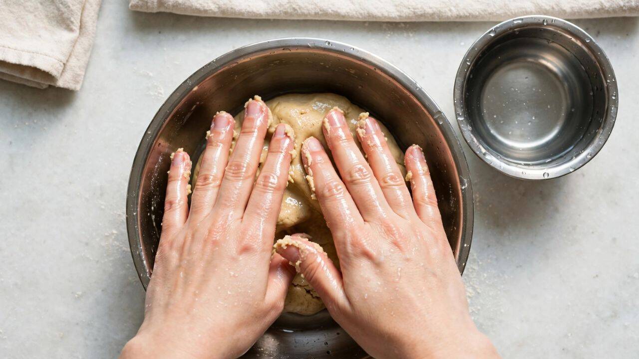 Wet your fingers rather than adding more flour<br>