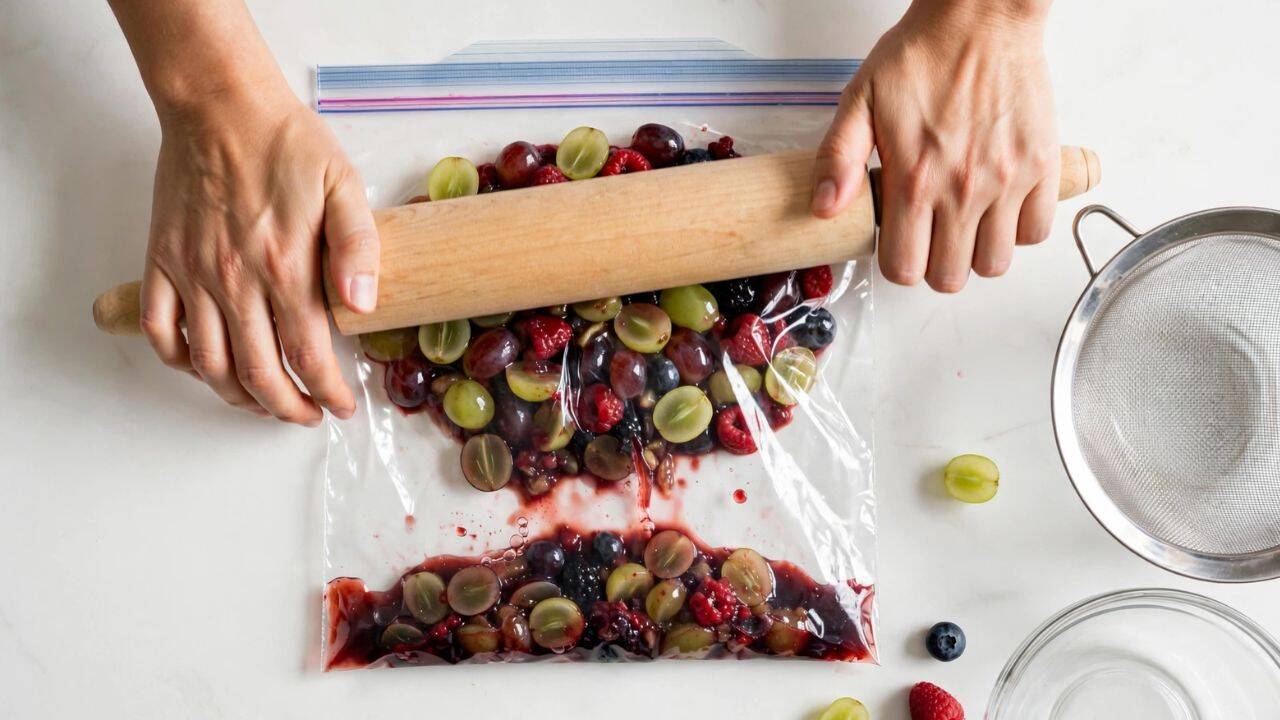 Use a rolling pin to break down fruit<br>