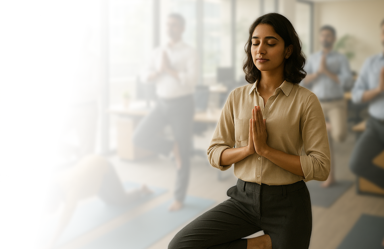 Office workers practicing yoga and wellness activities