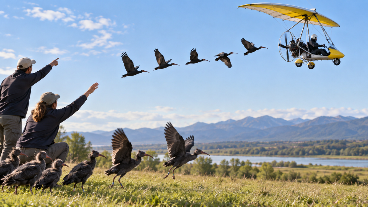 Human foster parents trained young ibises to follow a microlight