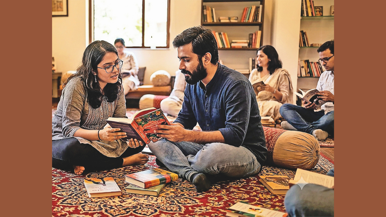 “A bookish baithak doesn’t have to be a formal literary event. It can be a gathering where literature becomes the excuse to sit together, talk deeply, and stay a little longer,” Ekta Bhandari shares (AI Image)