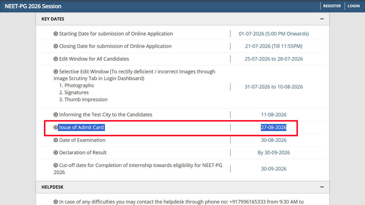 NEET PG 2026 admit card to be released on August 27, 2026