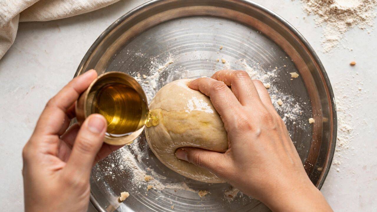 Use a little oil after the dough forms<br>