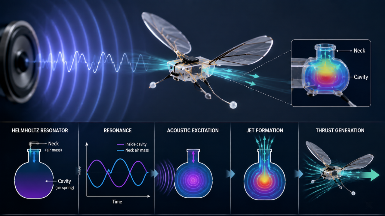 How does Helmholtz resonance help tiny robots generate thrust