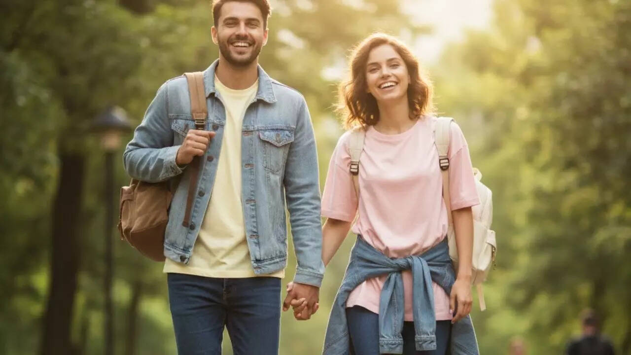 Casual college or campus couples portrait