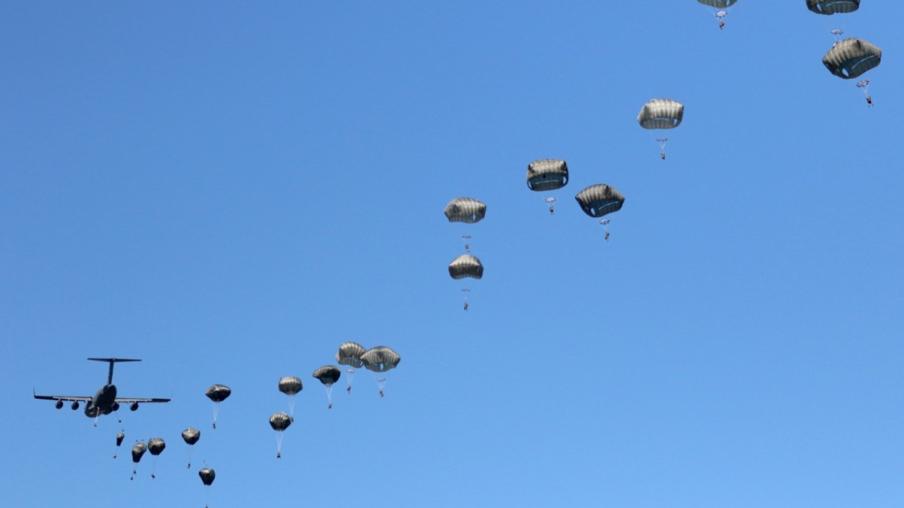 Paratroopers from the 82nd Airborne Regiment perform a mass parachute jump during the 16th Rapid Response Exercise in Torun, Poland, June 7.