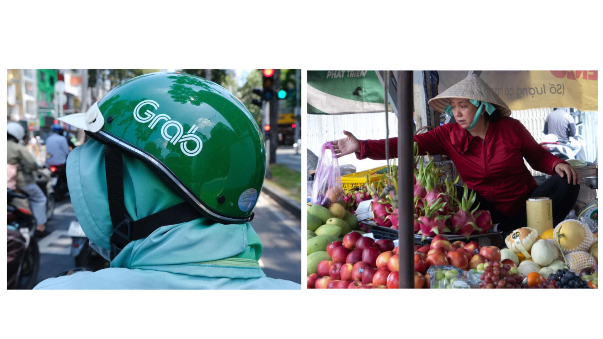 Green helmet at the junction, dragon fruit at the stall—phase detection and eye AF working through traffic glare and market noise without being asked twice.