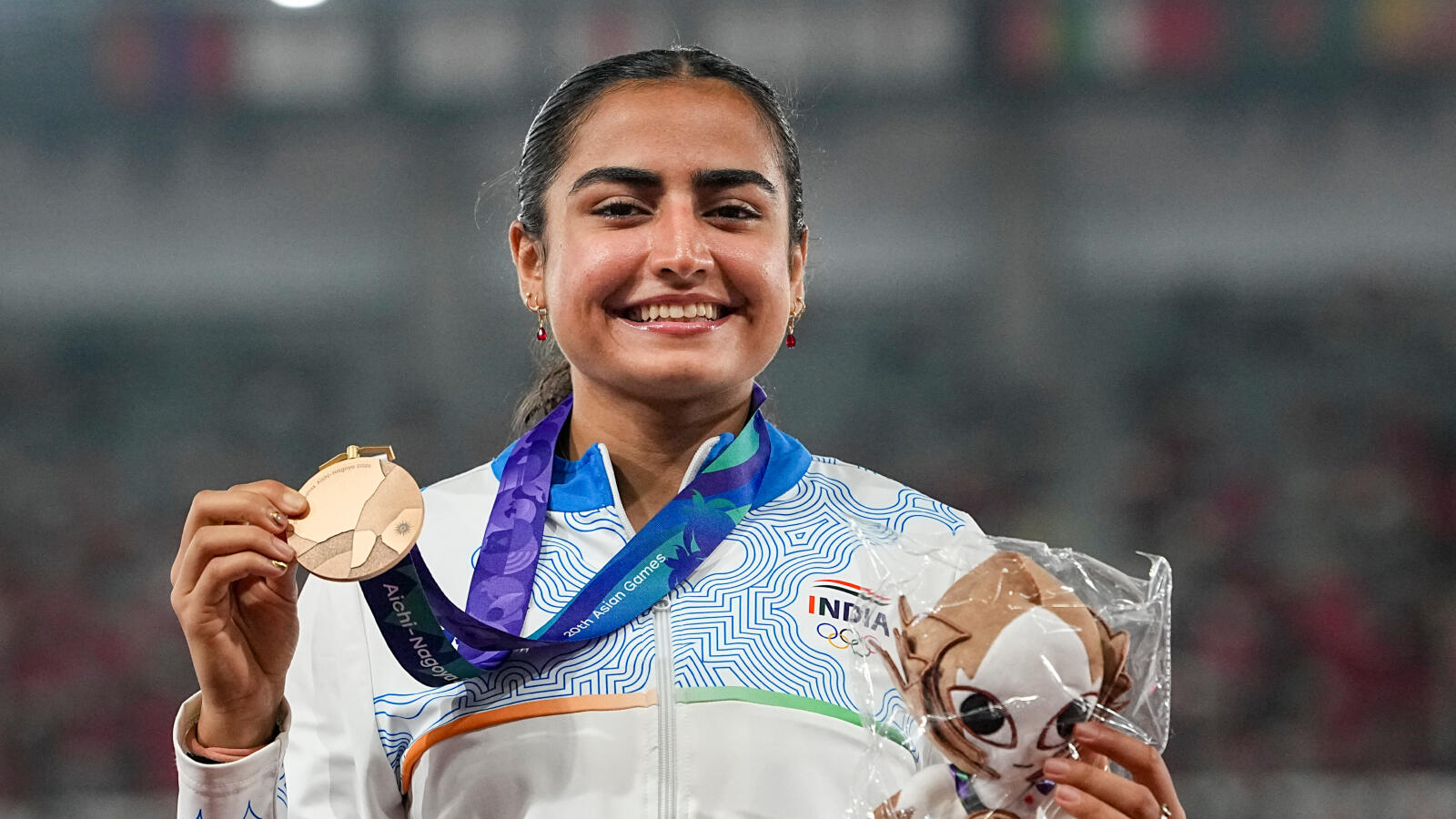 Harita Bhadra on podium after winning bronze medal at Asian Games