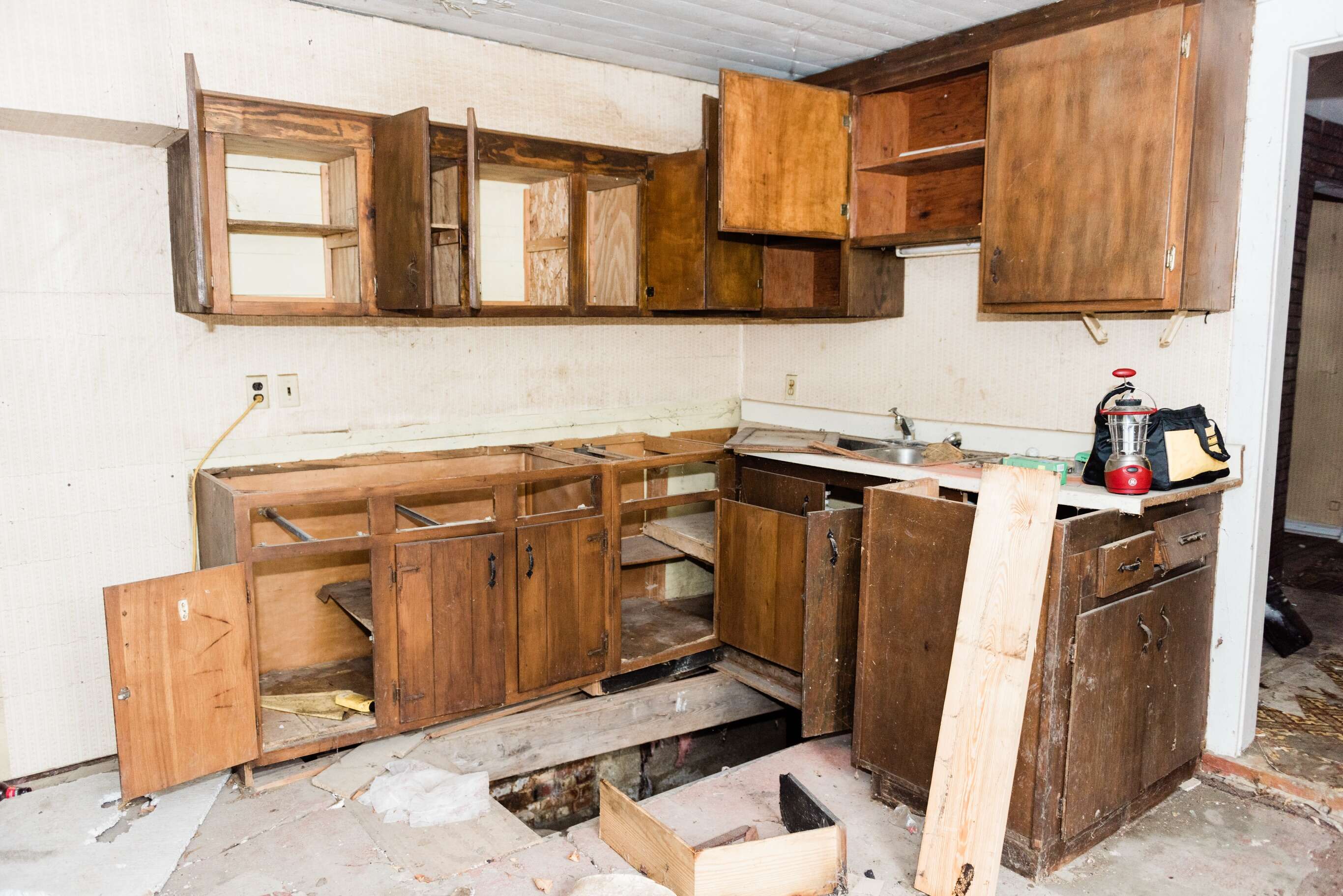 The farmhouse’s neglected old kitchen