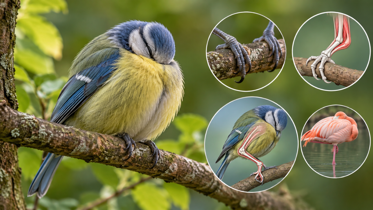 Birds have several physical adaptations that help them remain stable on a perch. Their legs are positioned differently from human legs. (AI representation/ChatGPT)