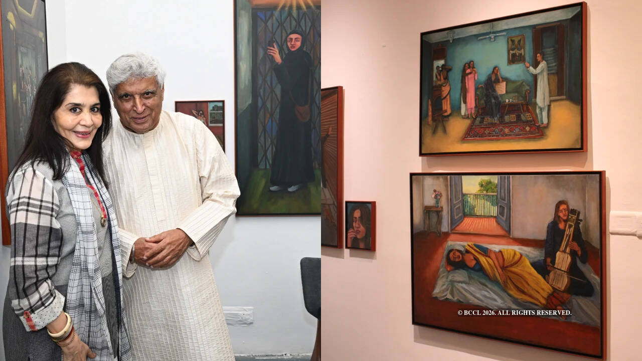 L-R: Shonezie Akhtar's art; Tasneem Zakaria Mehta and Javed Akhtar