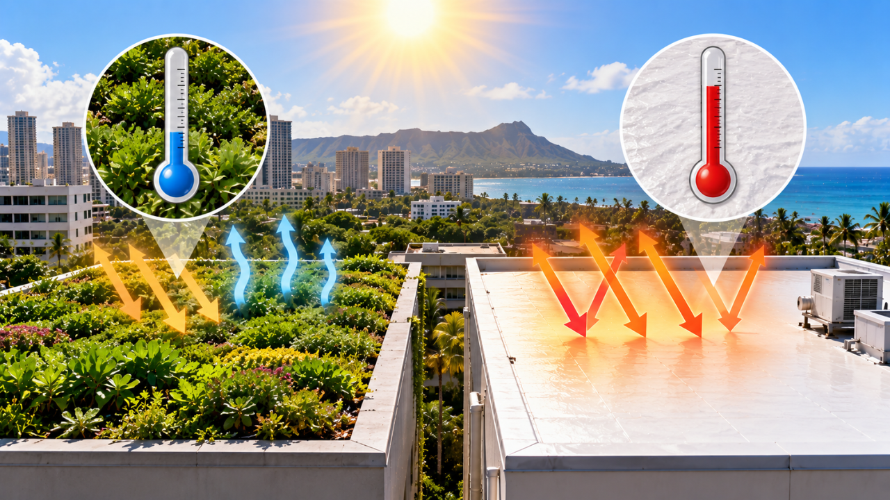 How much cooler was the green roof than the white roof