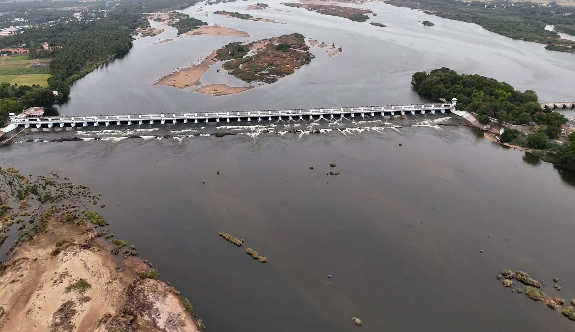 An aerial view of the Mukkombu Upper Anaicut dam across the Cauvery River, in Tiruchirappalli.